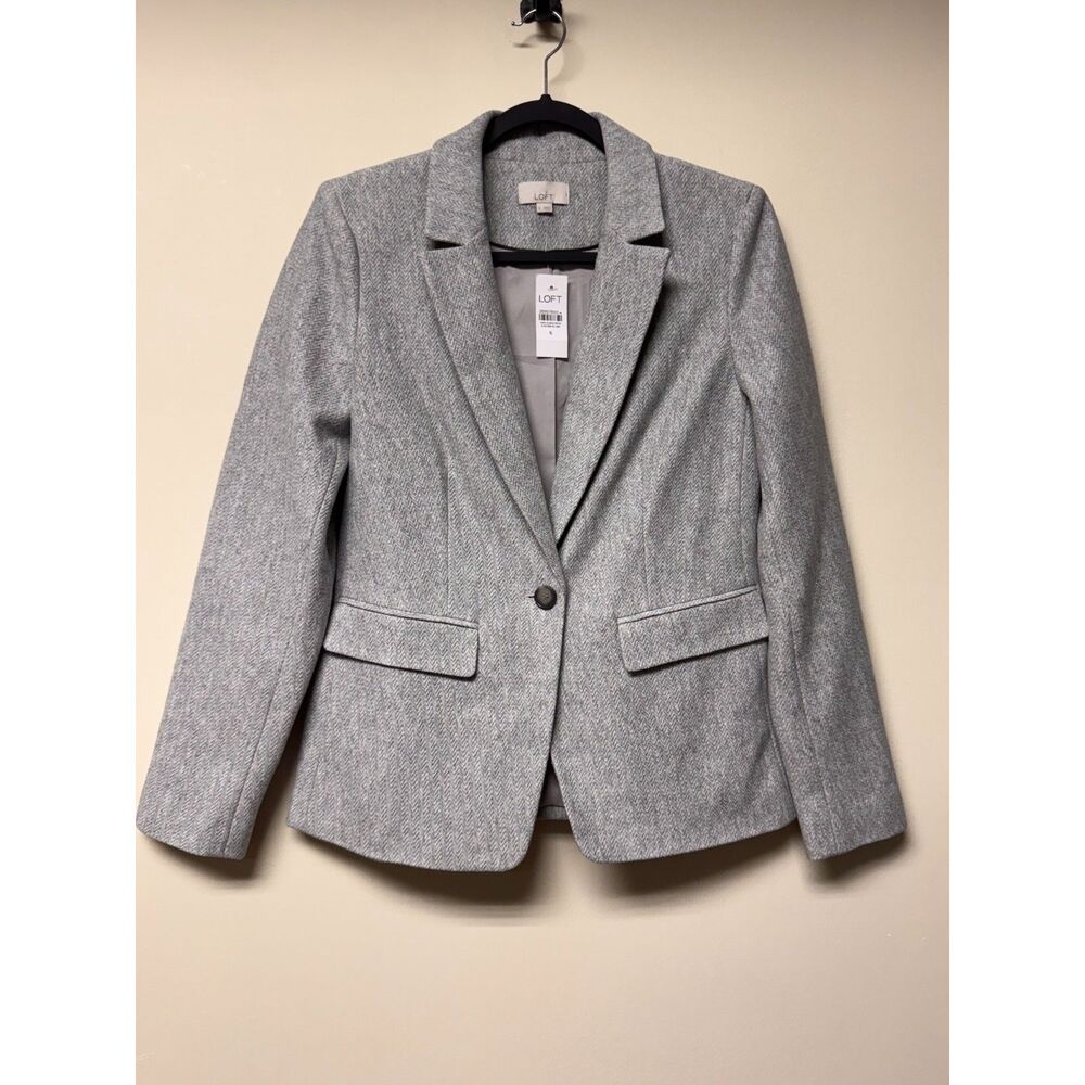 NWT - LOFT Gray/White Classic Herringbone Single Button Cotton Blazer, Sz 6